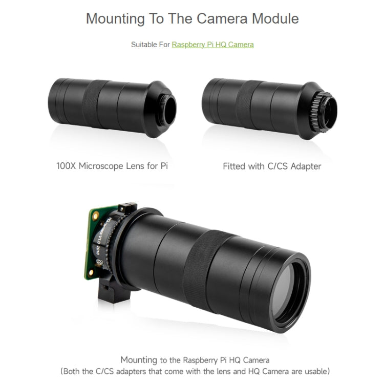 Waveshare 100X Industrial Microscope Lens, C/CS-Mount, for Raspberry Pi HQ Camera, Microscope Lens