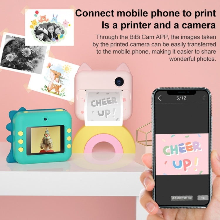 P1 No Card Children Instant Camera 1200W Front And Rear Dual-Lens Mini Print Photographic Digital Camera Toy(Green Dinosaur), Green Dinosaur No Card, Pink Cat No Card, Pink Cat 16GB, Green Dinosaur 16GB, Green Dinosaur 32GB, Pink Cat 32GB