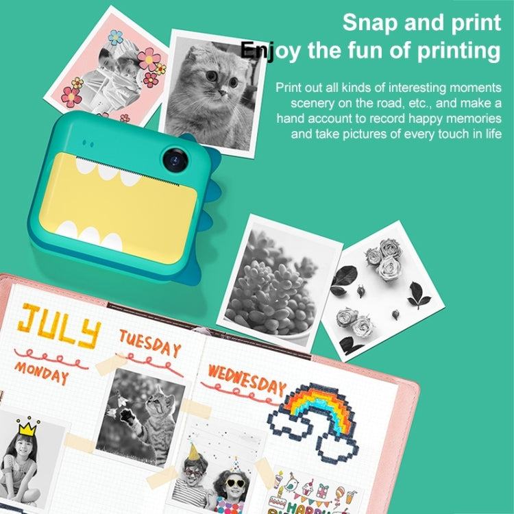 P1 No Card Children Instant Camera 1200W Front And Rear Dual-Lens Mini Print Photographic Digital Camera Toy(Green Dinosaur), Green Dinosaur No Card, Pink Cat No Card, Pink Cat 16GB, Green Dinosaur 16GB, Green Dinosaur 32GB, Pink Cat 32GB