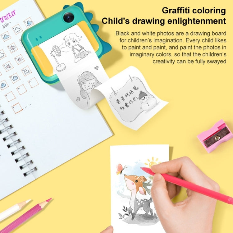 P1 No Card Children Instant Camera 1200W Front And Rear Dual-Lens Mini Print Photographic Digital Camera Toy(Green Dinosaur), Green Dinosaur No Card, Pink Cat No Card, Pink Cat 16GB, Green Dinosaur 16GB, Green Dinosaur 32GB, Pink Cat 32GB