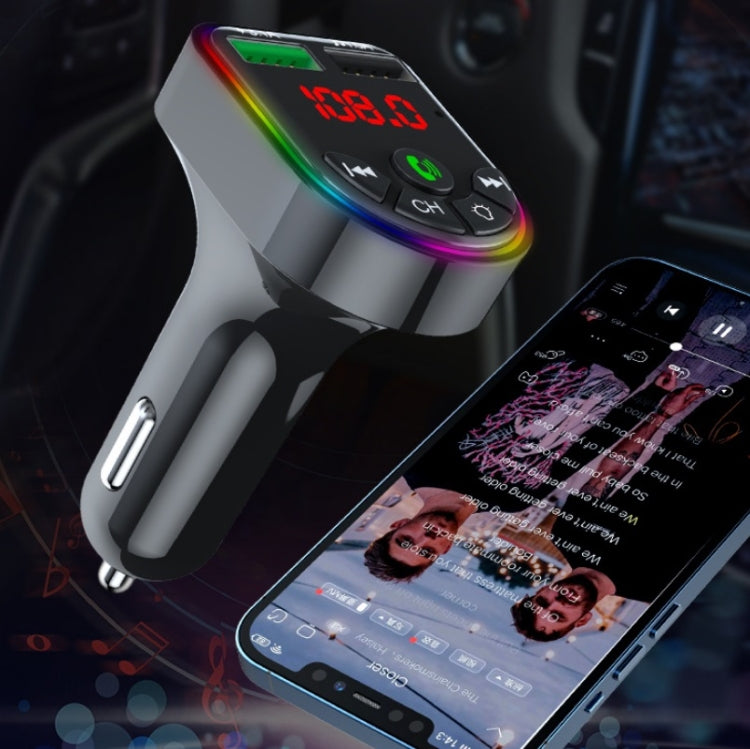 F5 Car FM Transmitter Bluetooth Hands-Free MP3 Music Player Colorful Atmosphere Light, F5