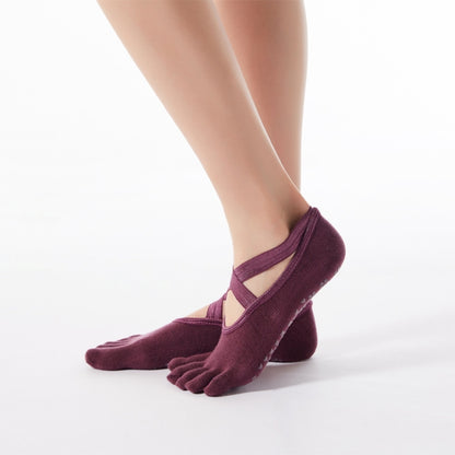 1 Pair Five-Finger Cross-Lace Yoga Cotton Socks Fashion Non-Slip Sports Dance Socks, One Size