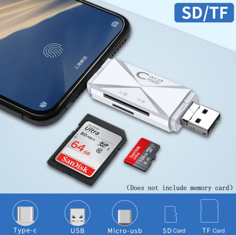 YH-109 SD/TF/Type-C/Micro USB/USB Computer PC Mobile Phone OTG Card Reader, White, Black