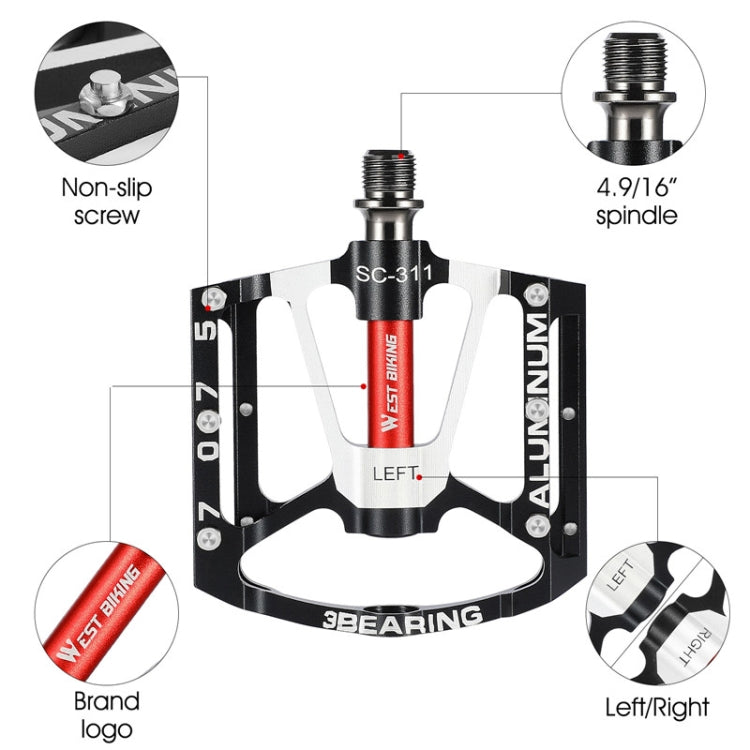 1pair WEST BIKING YP0802083 Mountain Bike Aluminum Alloy Pedal Lightweight Bearing Foot Pedal
