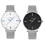 YAZOLE 530 Simple Roman Numeral Dial Couple Watch Mesh Strap Watch, Small White Tray, Small Black Tray, Large White Tray, Large Black Tray