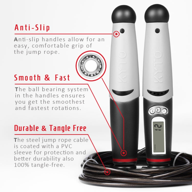 KYTO 2106B Corded Version Calorie Electronic Counting Skipping Rope Adult Fitness Timing Skipping Rope, with 2 Steel Wire Ropes (Black Gray), with Steel Wire Rope (Black Gray)