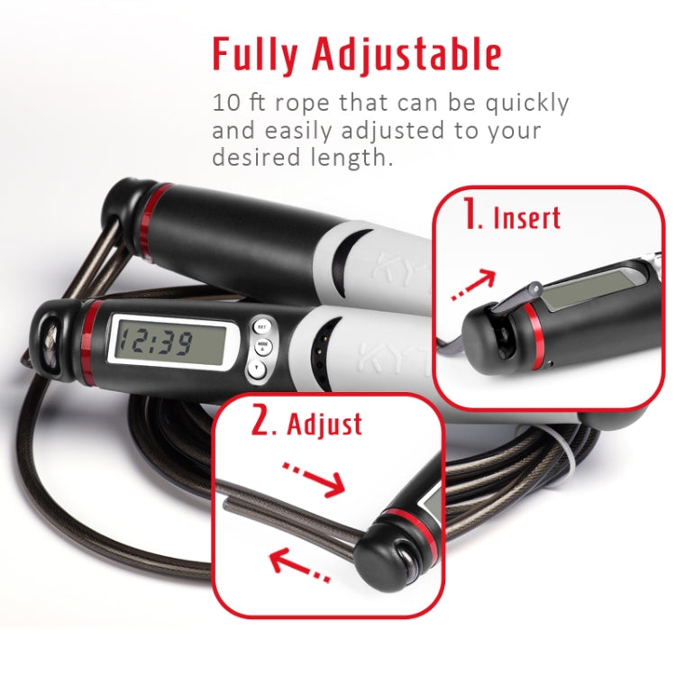 KYTO 2106B Corded Version Calorie Electronic Counting Skipping Rope Adult Fitness Timing Skipping Rope, with 2 Steel Wire Ropes (Black Gray), with Steel Wire Rope (Black Gray)
