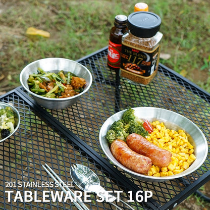 CLS Outdoor Stainless Steel Tableware Portable Camping Dinner Bowl Plate Kit, 16 PCS / Set