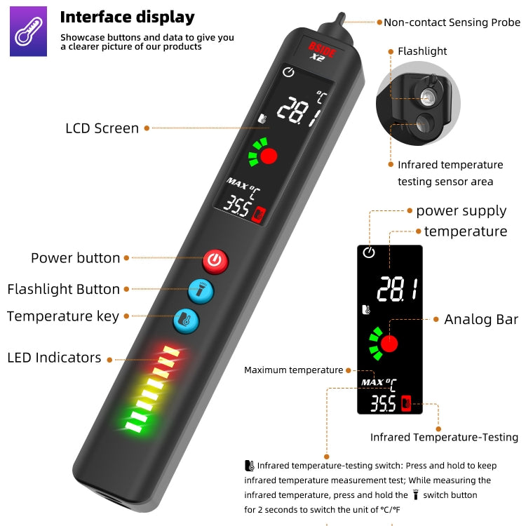 BSIDE X2 Three-Mode Smart Multimeter Electric Pen Infrared Thermometer with Flashlight Lighting, X2