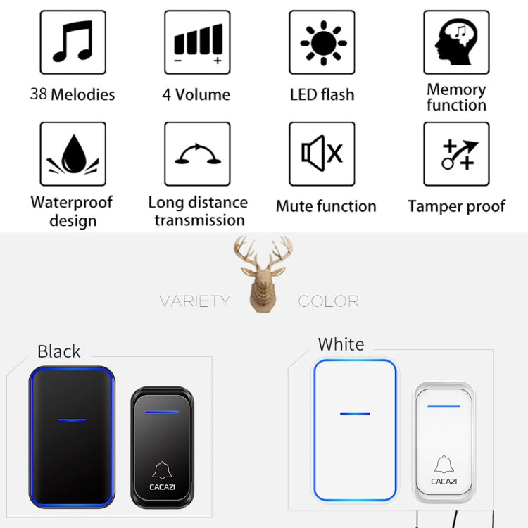 CACAZI Home Smart Digital Wireless Doorbell Remote Electronic Doorbell Elderly Pager, US Plug, EU Plug, AU Plug, UK Plug