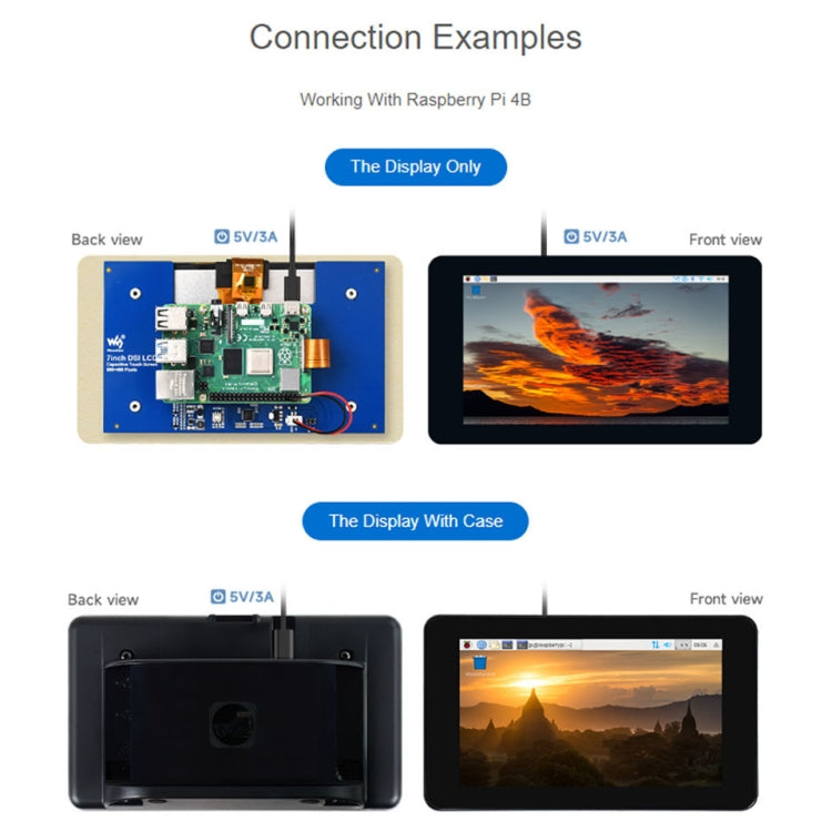 Waveshare 7 inch 800×480 IPS Capacitive Touch Display, DSI Interface, 5-Point Touch, without Case, with Case