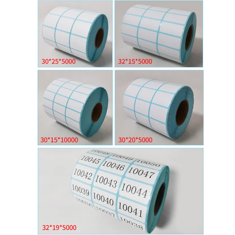 Three-Proof Thermal Paper Three-Row Bar Code Non-Adhesive Printing Paper, 25 x 15mm (10000 Pieces), 30 x 15mm (10000 Pieces), 30 x 20mm (10000 Pieces), 30 x 25mm (5000 Pieces), 32 x 25mm (5000 Pieces), 32 x 19mm (5000 Pieces), 32 x 15mm (5000 Pieces)  ...