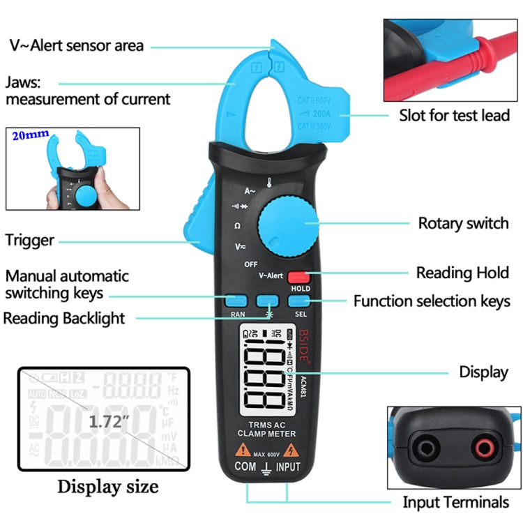 BSIDE ACM81 Digital Clamp Meter Auto-Rang 1mA Accuracy 200A Current DC AC Multimeter, ACM81 Black
