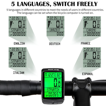 WEST BIKING 5 Languages Bicycle Waterproof Backlight Multifunction Wireless Odometer Speedometer, 5 Languages