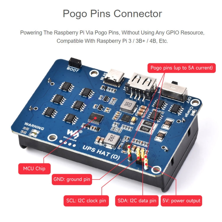 Waveshare 25567 For Raspberry Pi UPS HAT (D), Pogo Pins Connector , Without Battery