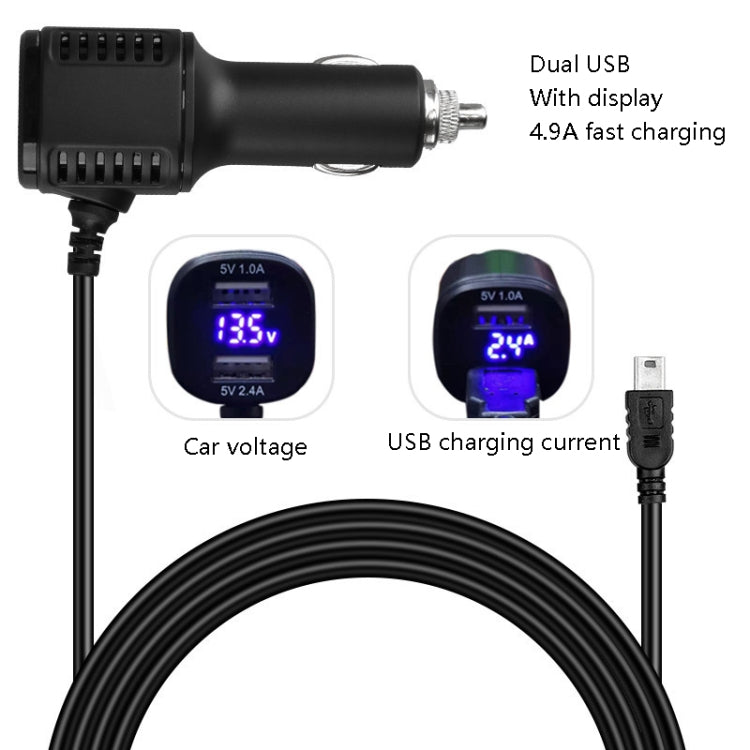 H519 Car Charger Driving Recorder Power Cord Dual USB With Display Charging Line, Specification:, Mini Straight, Mini Right Elbow, Mini Left Elbow, Micro Straight, Micro Left Elbow, Micro Right Elbow