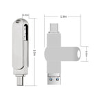 USB 3.0 + 8 Pin + USB-C / Type-C 3 in 1 Phone Computer Rotatable Metal U-Disk, 16GB, 32GB, 64GB, 128GB, 256GB