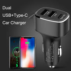 QIAKEY GT690C Dual USB + USB-C / Type-C Aluminum Alloy Three-Hole Car Charger, Black, Gray