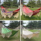 200x150cm Double Outdoor Camping Tassel Canvas Hammock with Stick, Colorful Stripes, Pink Stripes, White
