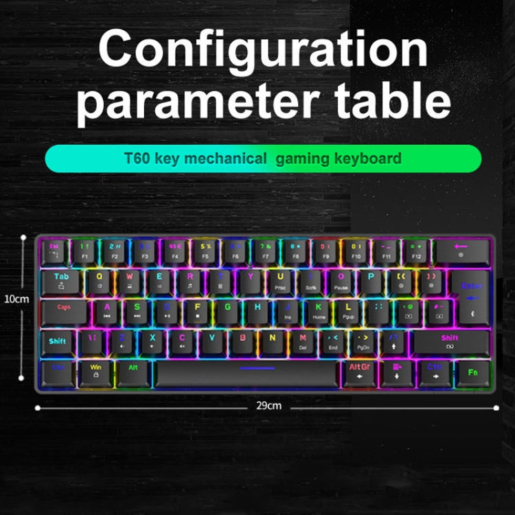 ZIYOU LANG T60 62-Key RGB Luminous Mechanical Wired Keyboard, Cable Length:1.5m, T60 White Red Shaft, T60 Blue Green Shaft, T60 Blue Red Shaft, T60 Black Green Shaft, T60 Black Tea Shaft, T60 White Green Shaft