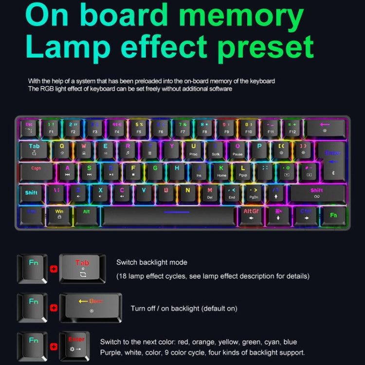 ZIYOU LANG T60 62-Key RGB Luminous Mechanical Wired Keyboard, Cable Length:1.5m, T60 White Red Shaft, T60 Blue Green Shaft, T60 Blue Red Shaft, T60 Black Green Shaft, T60 Black Tea Shaft, T60 White Green Shaft