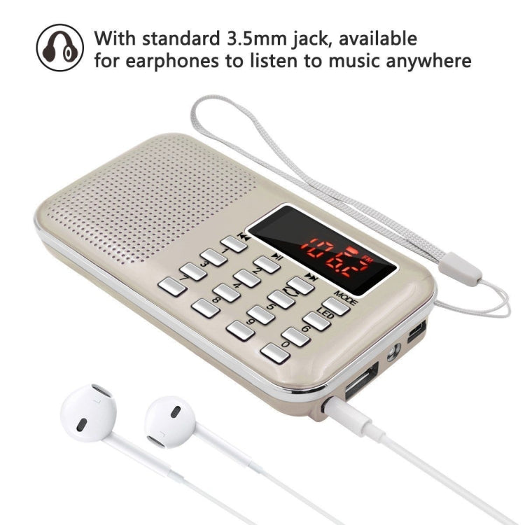 L-218AM  MP3 Radio Speaker Player Support TF Card USB with LED Flashlight Function, Gold, Black, Blue, White, Red