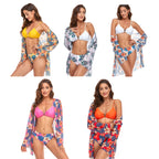 Bikini + Mesh Shawl + Split Swimsuit Women Swimsuit With Chest Pad, S, M, L, XL