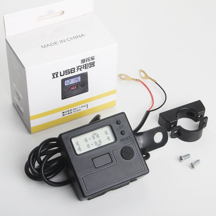 Motorcycle Clock Digital Display Dual USB Phone Charger Waterproof 5V 3A Fast Charge, Clock Digital Display Black