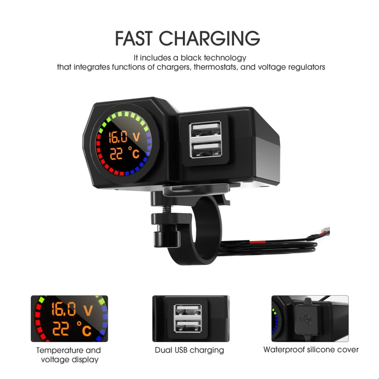 WUPP CS-1747A1 Motorcycle Voltage Temperature Digital Display Double USB Phone Charger, CS-1747A1 Double USB Port