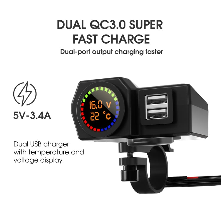WUPP CS-1747A1 Motorcycle Voltage Temperature Digital Display Double USB Phone Charger, CS-1747A1 Double USB Port