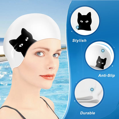 Hy08 Cute Cartoon Print Silicone Swimming Cap, Spec:, Black Swan, Little Squirrel, Princess Cat, Cavaliers cat, White Pig, Pink Pig, Strawberry, Pink Blossom, Deep Blue