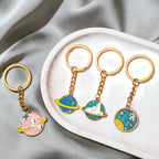 5 PCS Drip Oil Round Keychain Key Ring Bag Pendant, Planet Rocket, Cosmic Planet, Astronauts, Snow Mountain, Blue Planet, Astronauts Alloy, Unicorn