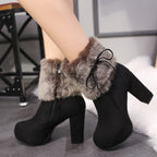 Autumn And Winter Thick High Heeled Padded Warm Suede Round Toe Boots, 32, 33, 34, 35, 36, 37, 38, 39, 40, 41, 42