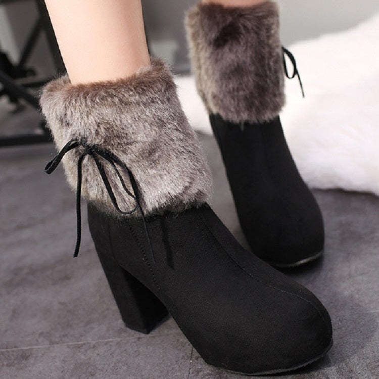 Autumn And Winter Thick High Heeled Padded Warm Suede Round Toe Boots, 32, 33, 34, 35, 36, 37, 38, 39, 40, 41, 42