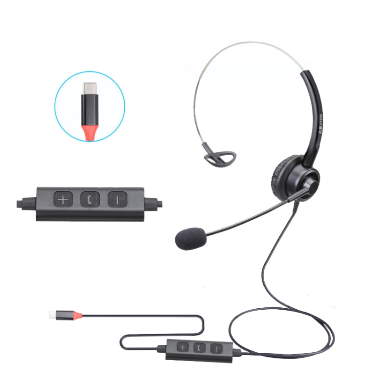 VT200 SIngles Ear Telephone Headset Operator Headset With Mic,Spec:, Type-C With Answer Key, Crystal Head 6-wire Sequence, 3.5mm Single Plug To USB