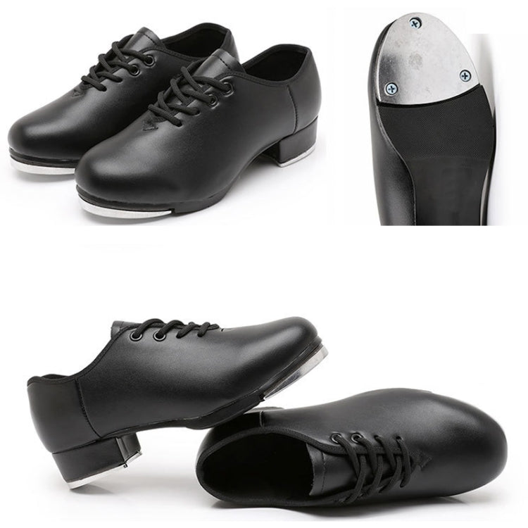 Beginners Straight Bottom Tap Shoes Black Imitation Leather Soft Bottom Shoes, 34, 35, 36, 37, 38, 39, 40, 41, 42, 43