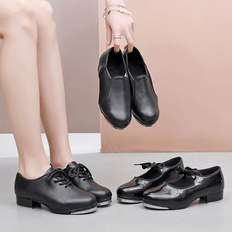 Beginners Straight Bottom Tap Shoes Black Imitation Leather Soft Bottom Shoes, 34, 35, 36, 37, 38, 39, 40, 41, 42, 43