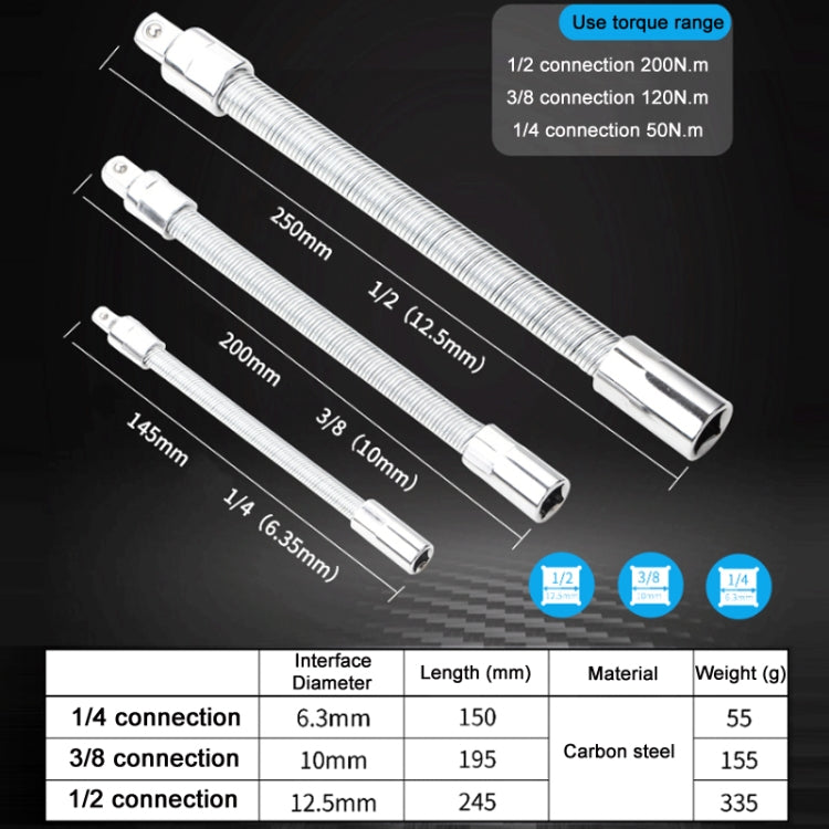 3 PCS/Set 1/4-3/8-1/2 Sleeve Extension Bendable Universal Joint Rod, Color:, Silver, Black