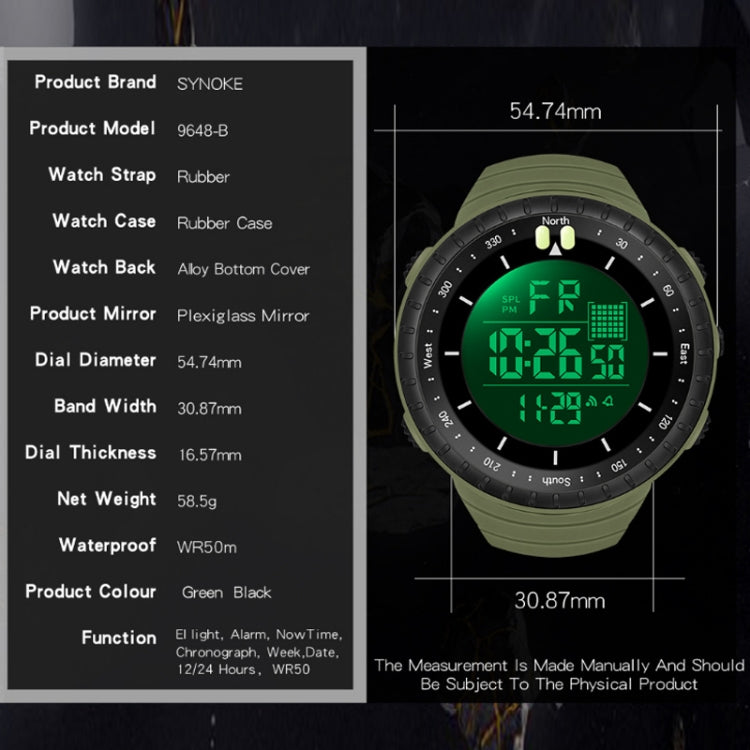 SYNOKE 9648-B Men Outdoor Waterproof Luminous Sports Electronic Watch