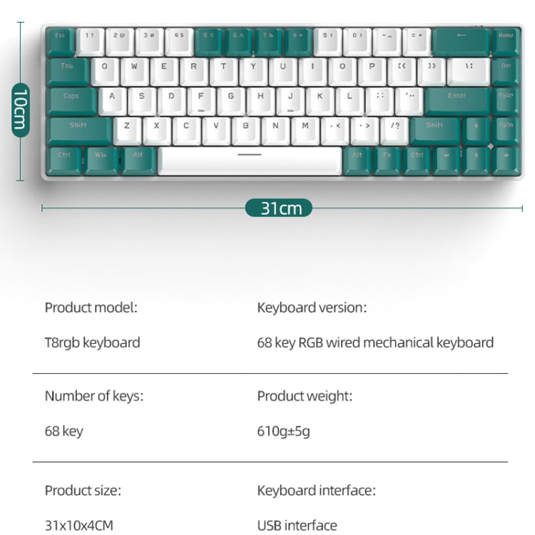 ZIYOU LANG T8 68 Keys RGB Gaming Mechanical Keyboard, Cable Length: 1.5m, Style:, T8 Chalk Version Green Shaft, T8 Micro Light Version Green Shaft, T8 Micro Light Version Tea Shaft, T8 Water Green Version Green Shaft, T8 Water Green Version Red Shaft  ...