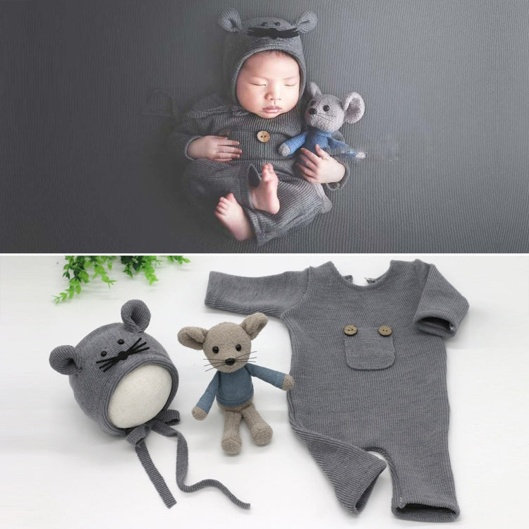 Newborn Photography Clothing Baby Knitted Jumpsuit + Hat + Mouse Doll Three-Piece Set, Mouse Doll Set (Grey), Mouse Doll Set (Brown)