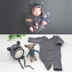 Newborn Photography Clothing Baby Knitted Jumpsuit + Hat + Mouse Doll Three-Piece Set, Mouse Doll Set (Grey), Mouse Doll Set (Brown)