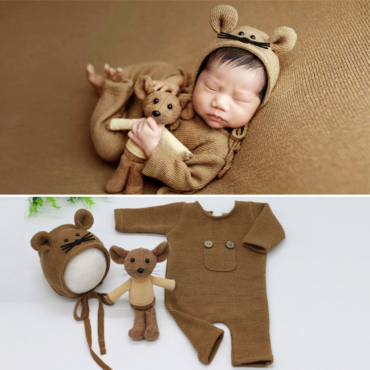 Newborn Photography Clothing Baby Knitted Jumpsuit + Hat + Mouse Doll Three-Piece Set, Mouse Doll Set (Brown), Mouse Doll Set(White), Mouse Doll Set (Pink), Mouse Doll Set (Grey)