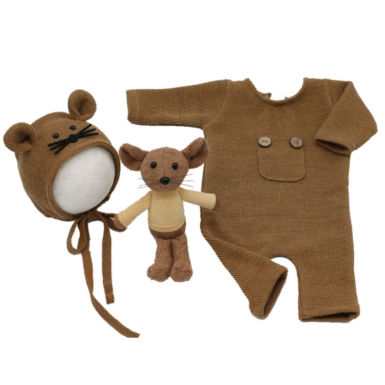 Newborn Photography Clothing Baby Knitted Jumpsuit + Hat + Mouse Doll Three-Piece Set, Mouse Doll Set (Grey), Mouse Doll Set (Brown)