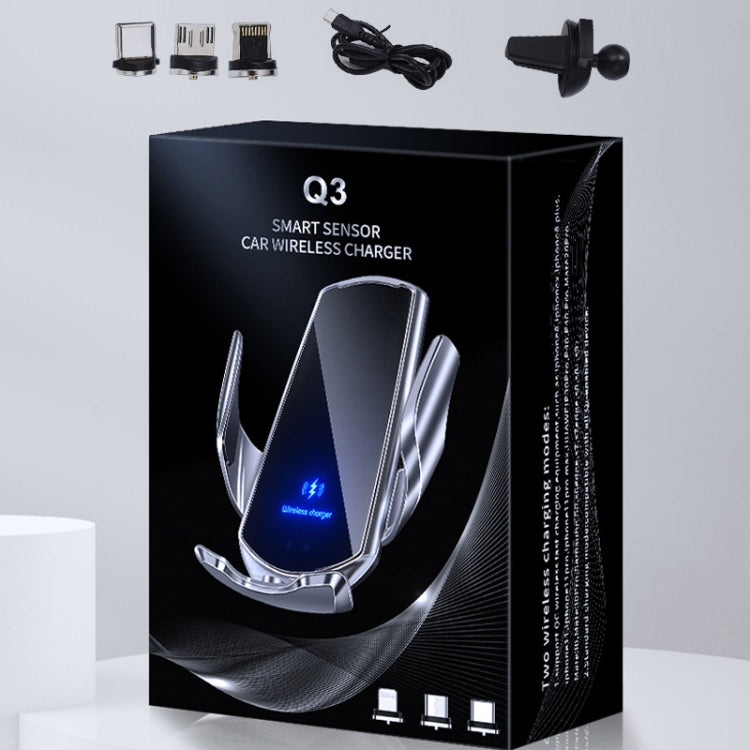 Q3 Infrared Induction Magnetic Car Wireless Charging Phone Bracket with Micro USB + 8 Pin + Type-C / USB-C Magnetic Connector, Q3 Blue, Q3 Red, Q3 Black, Q3 Gold, Q3 Silver