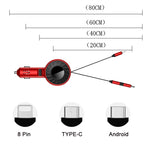 3 In 1 USB Dual Cable Single Pull Retractable Car Charger, Red, Black
