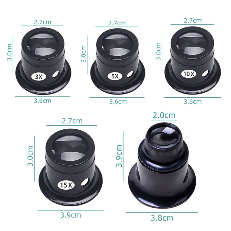 5pcs Eyepiece Magnifier Glass Lens Eyepiece Type Repair Magnifier, Times:, 5pcs 3X, 5pcs 5X, 5pcs 10X, 5pcs 15X, 5pcs 20X