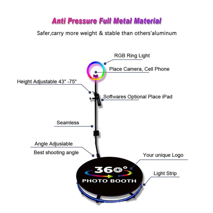 RGB Fill Light Photo Booth Turning Led Camera Photo Spin Stand With Flight Case, 68cm, 80cm, 100cm, 115cm
