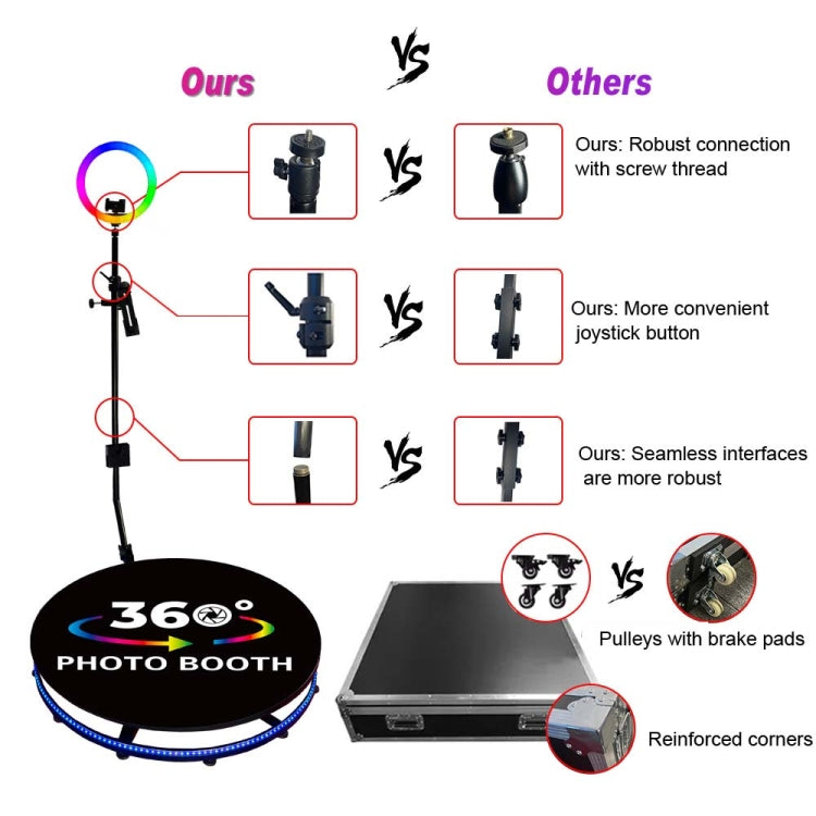 RGB Fill Light Photo Booth Turning Led Camera Photo Spin Stand With Flight Case, 68cm, 80cm, 100cm, 115cm