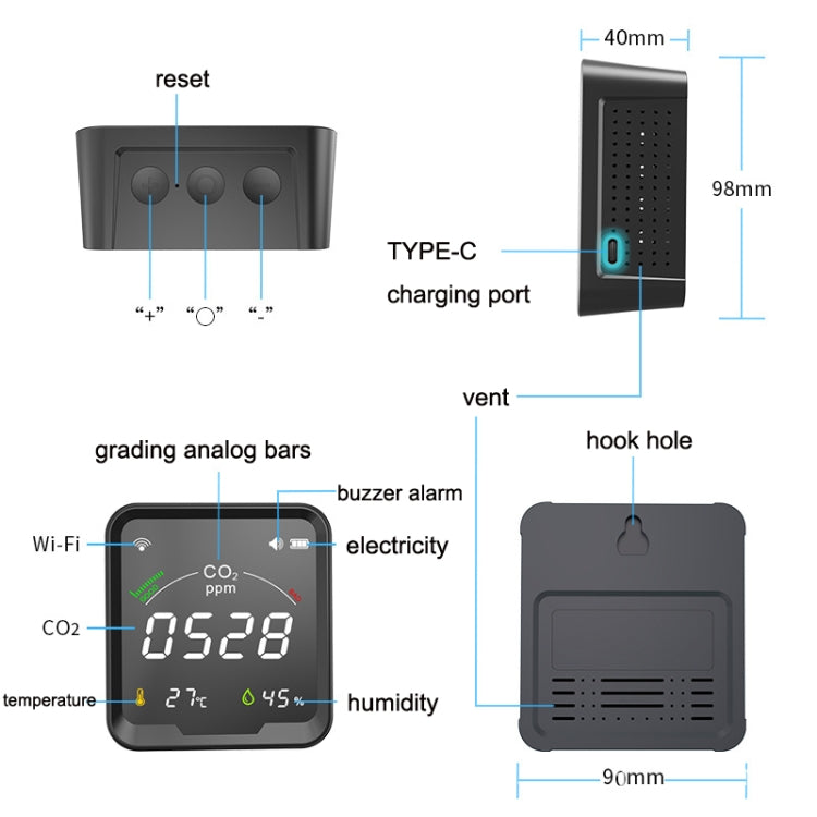 PTH-9CW Wifi Intelligent Infrared CO2 Detector Air Quality Detector Home Temperature And Humidity Meter, PTH-9CW